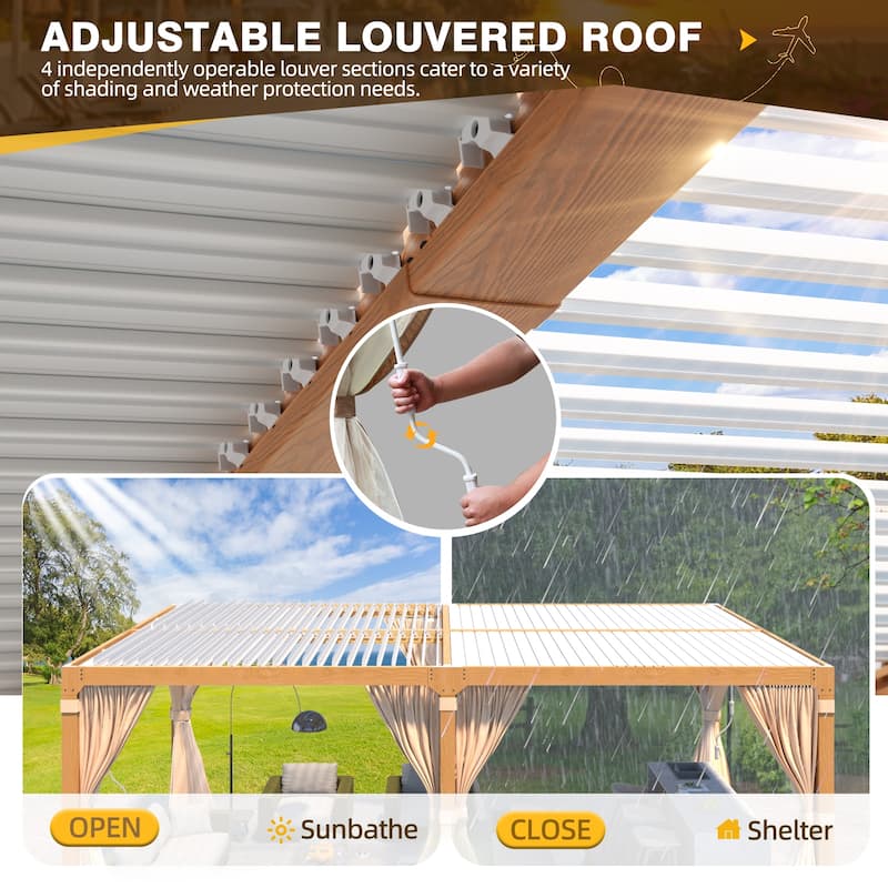 EROMMY Outdoor Louvered Pergola Gazebo with Adjustable Aluminum Rainproof Roof and Pull-Down Screen