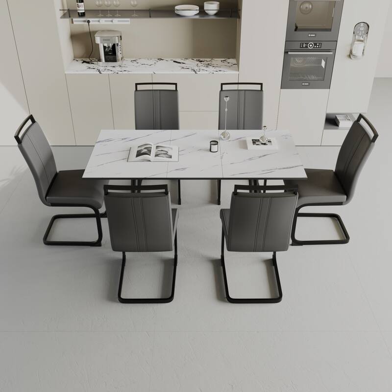 7-Piece Expandable Dining Table Set with C-shaped Tubular Cushioned Armless Chair, Scratch Resistant Plastic Feet