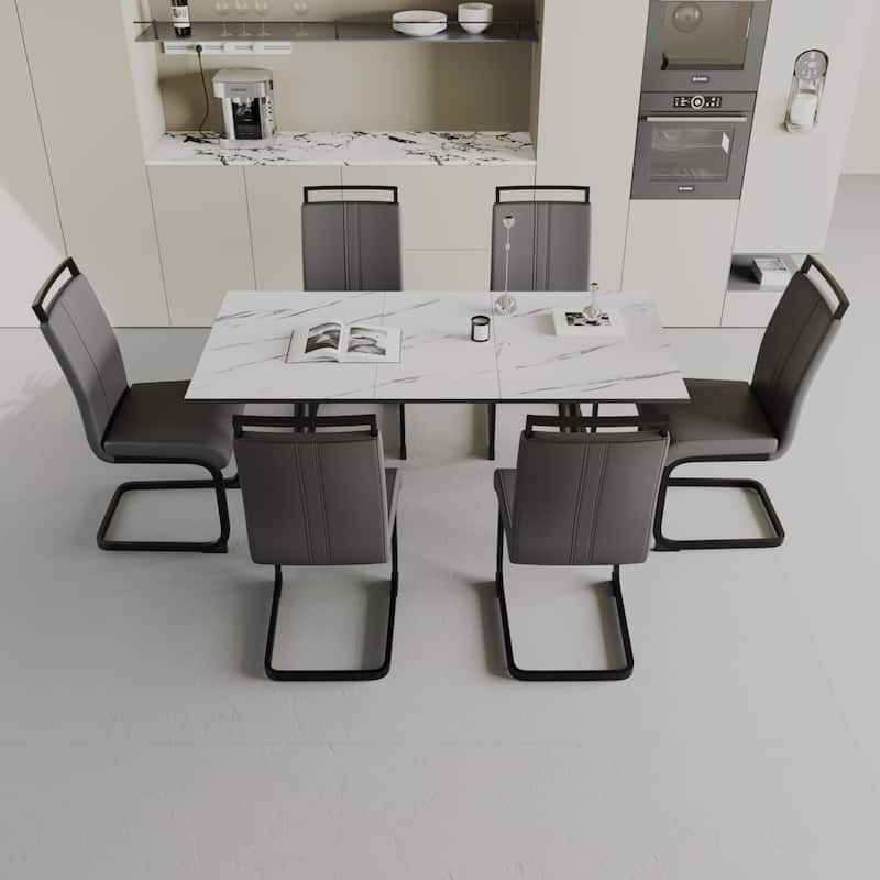 Modern Dining Set with Rectangular Extendable Table & High Back C-shaped Tube Chairs