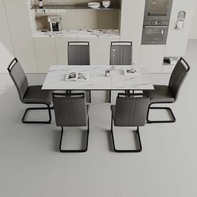 Modern Dining Set with Rectangular Extendable Table & High Back C-shaped Tube Chairs