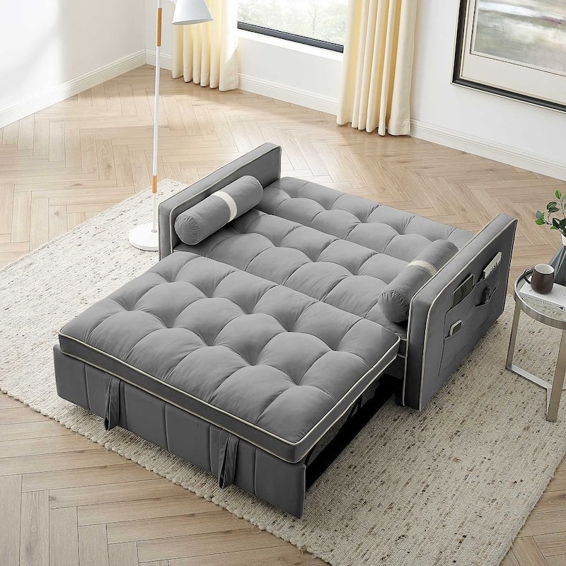 Modern 55.5" Velvet Pull-Out Adjustable Sofa Bed with Side Pockets