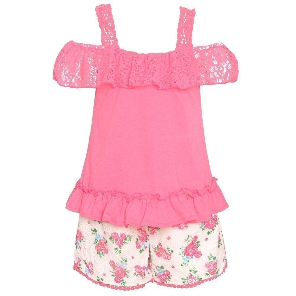 Shop Girls Neon Pink Lace Trim Off Shoulder Floral 2 Pc Shorts