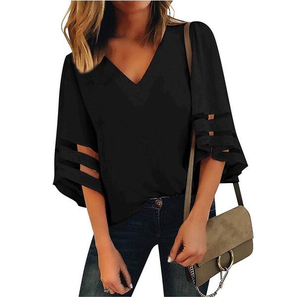 Lookbookstore Women S Black V Neck Casual Mesh Panel Blouse 3 4 Bell Sleeve Solid Color Loose Top Shirt Size L Us 12 14 Large Overstock