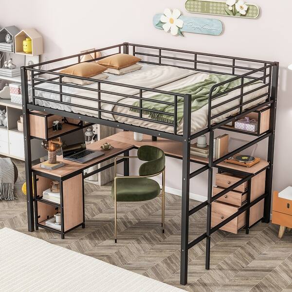 slide 2 of 28, Full Size Metal Loft Bed with Bookcase, Desk, and Cabinet, Black