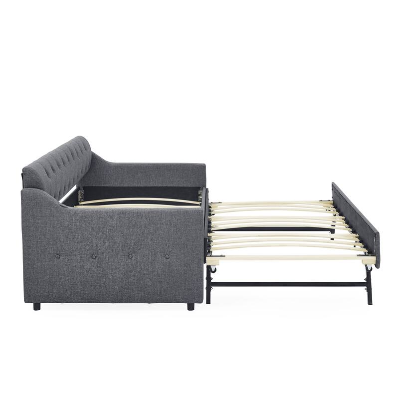 Roomfitters Twin Upholstered Daybed with Twin Pull-Out Trundle, USB Charging Port and Modern Linen Fabric