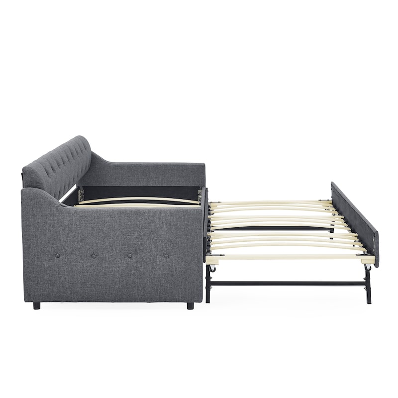 Twin Size Upholstery Daybed with Twin Size Erectable Trundle and USB Charging Design