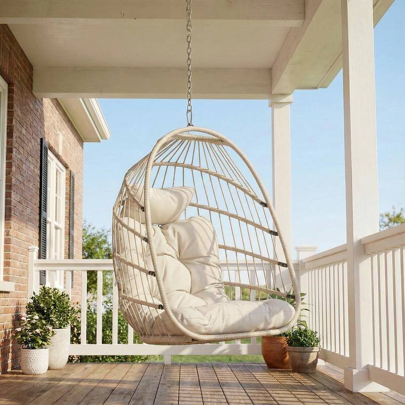 Outdoor Indoor Wicker Foldable Hanging Egg Chair Without Stand, Patio Swing Chair with Cushion, 350 lb Capacity - Beige