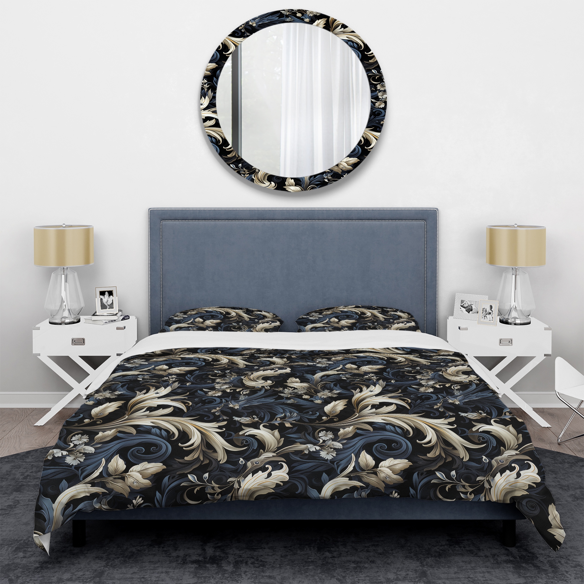 Designart Damask Black And Grey Calligraphy Flourishes Damask bedding set with shams Bed Bath Beyond 39487737