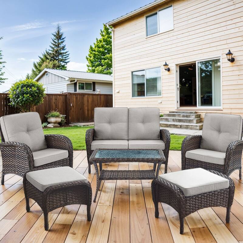 Patio Chairs Ottomans with Sofa Coffee Table -Beige - Brown - Brown - Beige