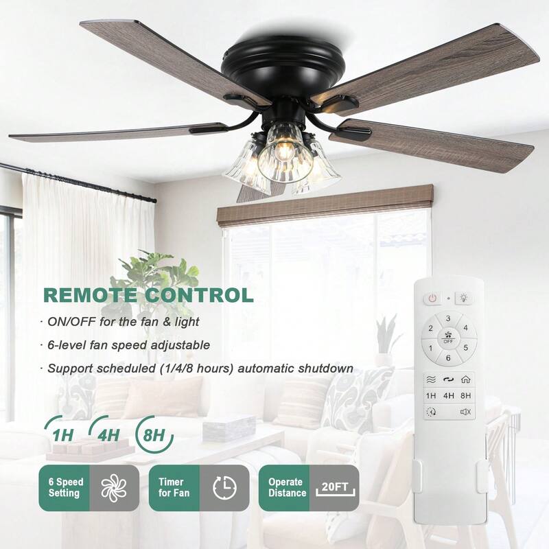 Cusp Barn 52 Inch Traditional Indoor Ceiling Fan with Remote Control, Farmhouse Flush Mount Ceiling Fan with Clear Glass Shade