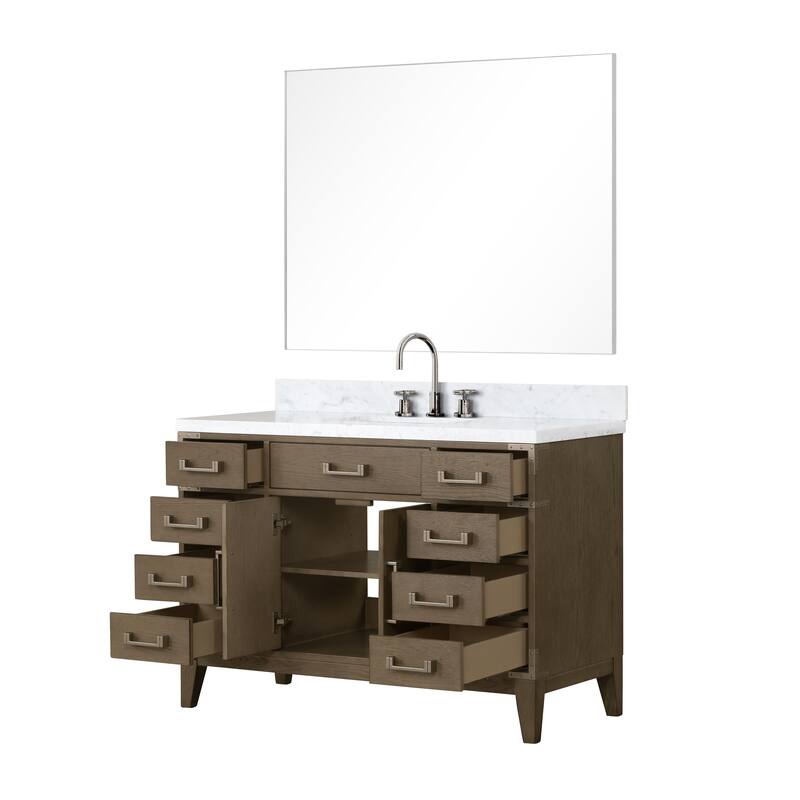Lexora Laurel Bath Vanity, Carrara Marble Top, Faucet Set, and Mirror