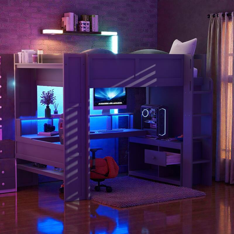 Full Size Gaming Loft Bed with Desk, Storage Shelves, LED Lights and Charging Station, Wooden Loft Bed Frame