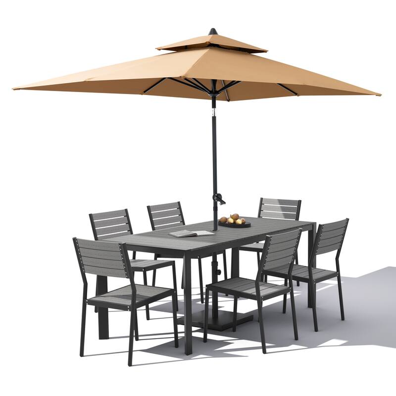 9-Piece Outdoor Patio Dining Set Wood Like Aluminum Umbrella Hole Table with Stackable Chairs, Market Umbrella and Base
