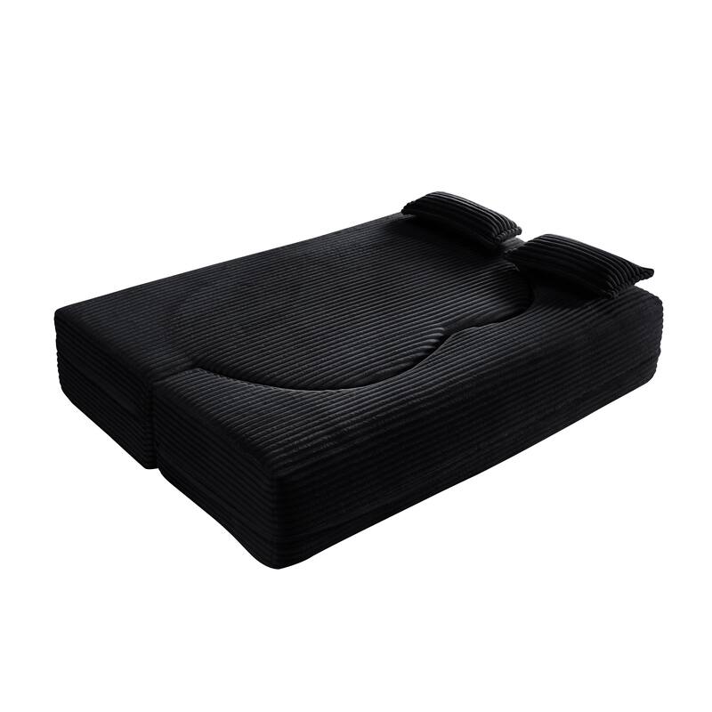 Floor Sofa With 2 Pillows,Convertible Plush Corduroy Foam-Filled Sleeper Sofa Bed,15" Full Size Folding Mattress,Guest Bed