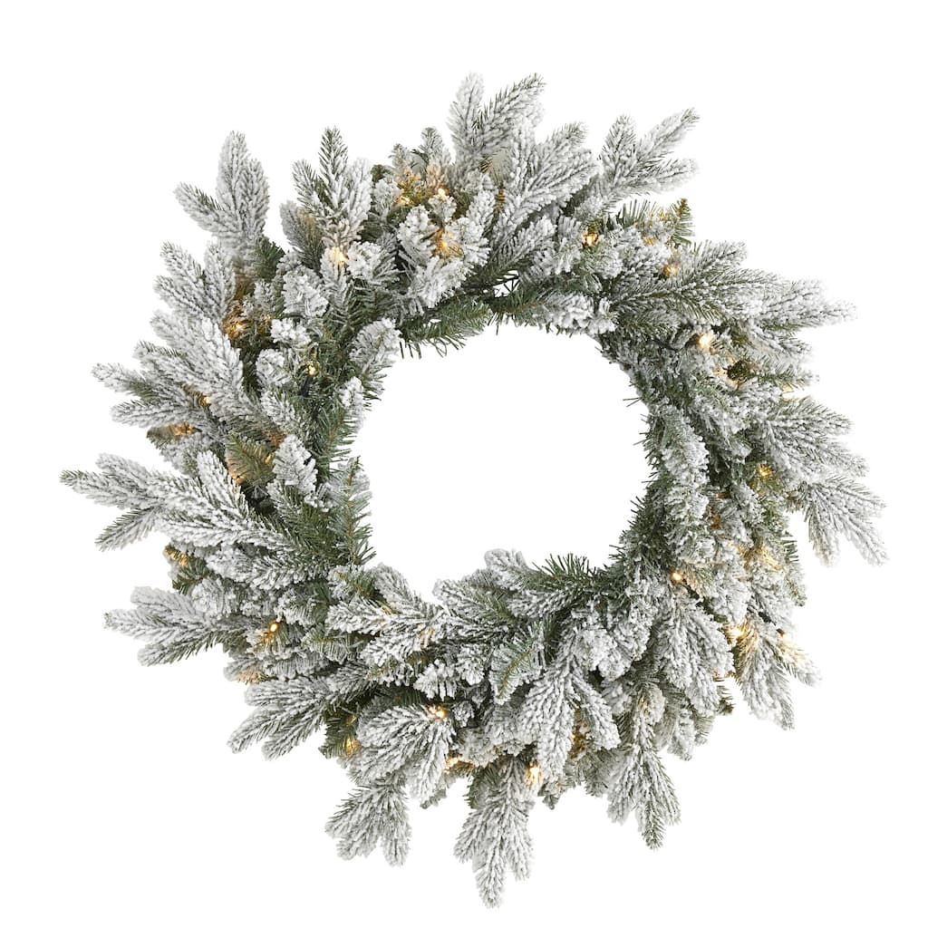 Pre-Lit Flocked Artificial Christmas Wreath, 24-Inch, Clear LED Lights