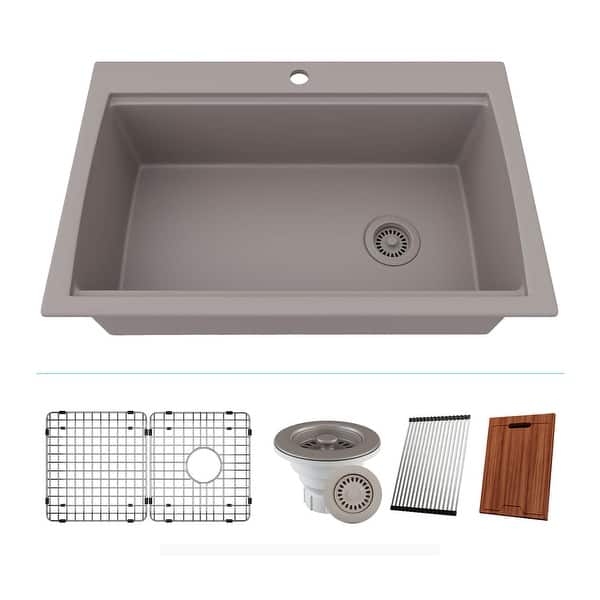 slide 2 of 7, 33 Inch Lexicon Platinum Quartz Composite Drop-in Undermount Single Bowl Workstation Galaxy Concrete Kitchen Sink LP-750TM-C Galaxy Concrete