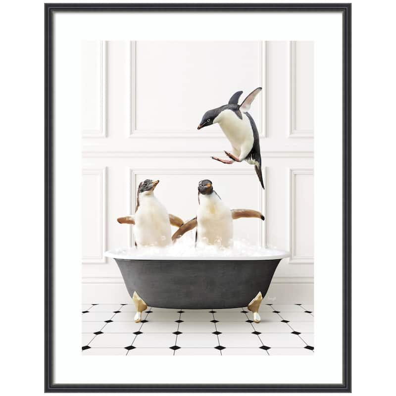 Kate and Laurel Penguins in Classic Black and White Bath by Amy Peterson Framed Wall Art Print - 26 x 33 - Black