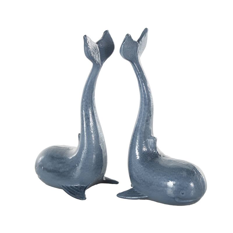 Blue Metal Dolphin Decorative Bookends with Raised Tails (Set of 2) - 4"W x 5"L x 10"H