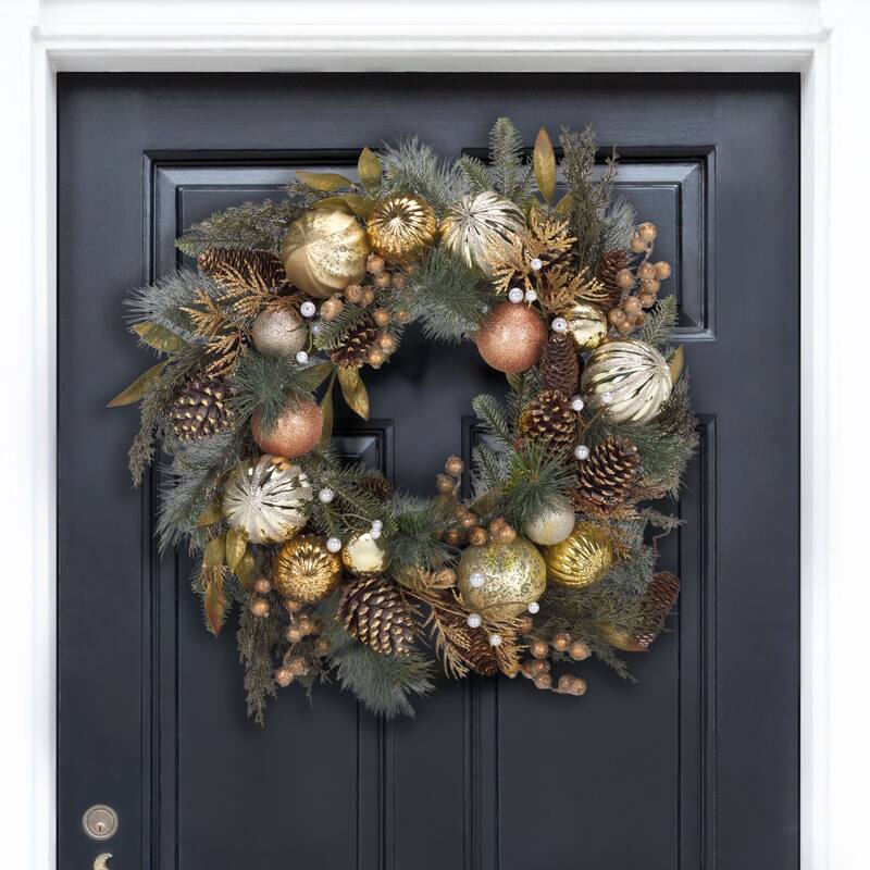 SAFAVIEH Home Faux 28-inch Needle Pine Wreath With Gold Accents Acorns & Ornaments