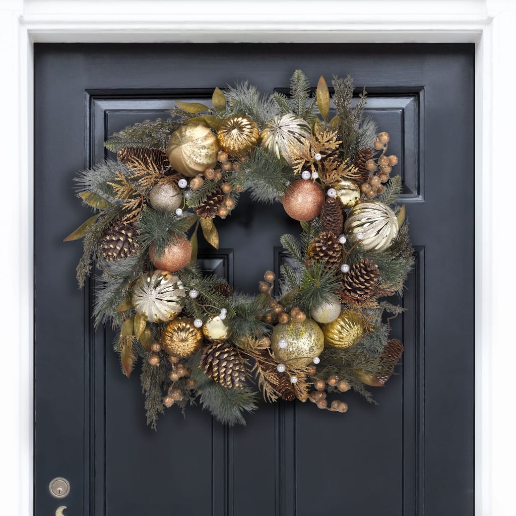 SAFAVIEH Home Faux 28-inch Needle Pine Wreath With Gold Accents Acorns & Ornaments