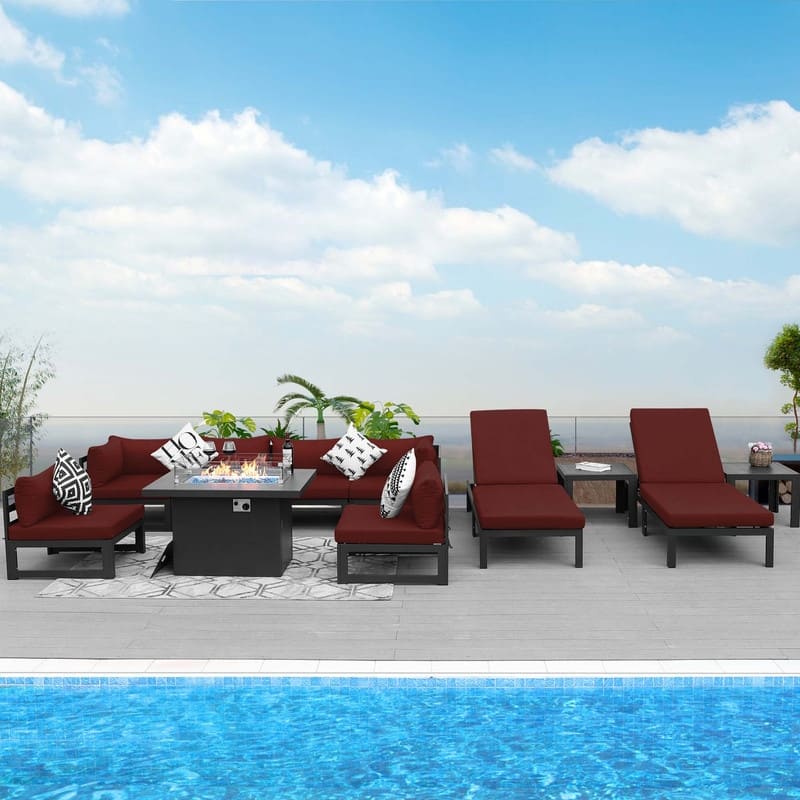 FINCATI Aluminum Outdoor Patio Furniture Conversation Sectional Sofa Set - 11 Pieces - Burgundy