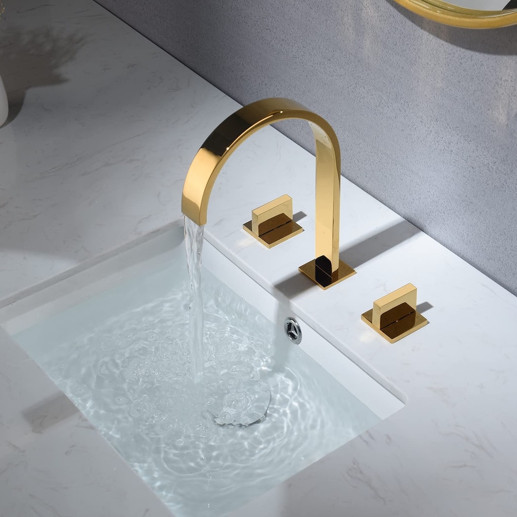 Polished Gold Two handles 3 holes Waterfall bathroom Sink Faucet with brass pop up overflow Drain