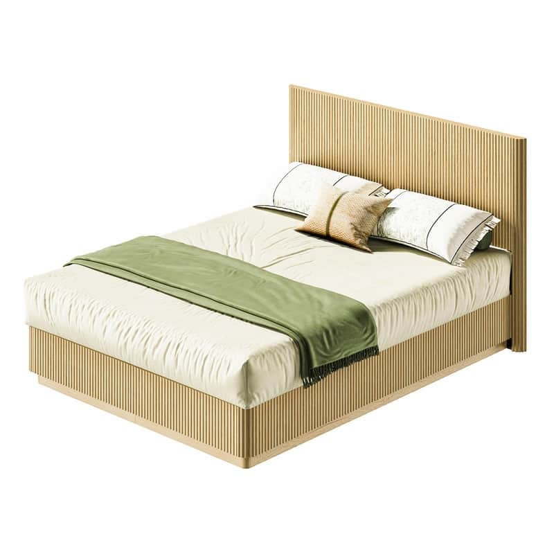 Queen Size Bed Frame with LED Lights, Modern Wooden Bed with Curved Corrugated Panels and Groove Design