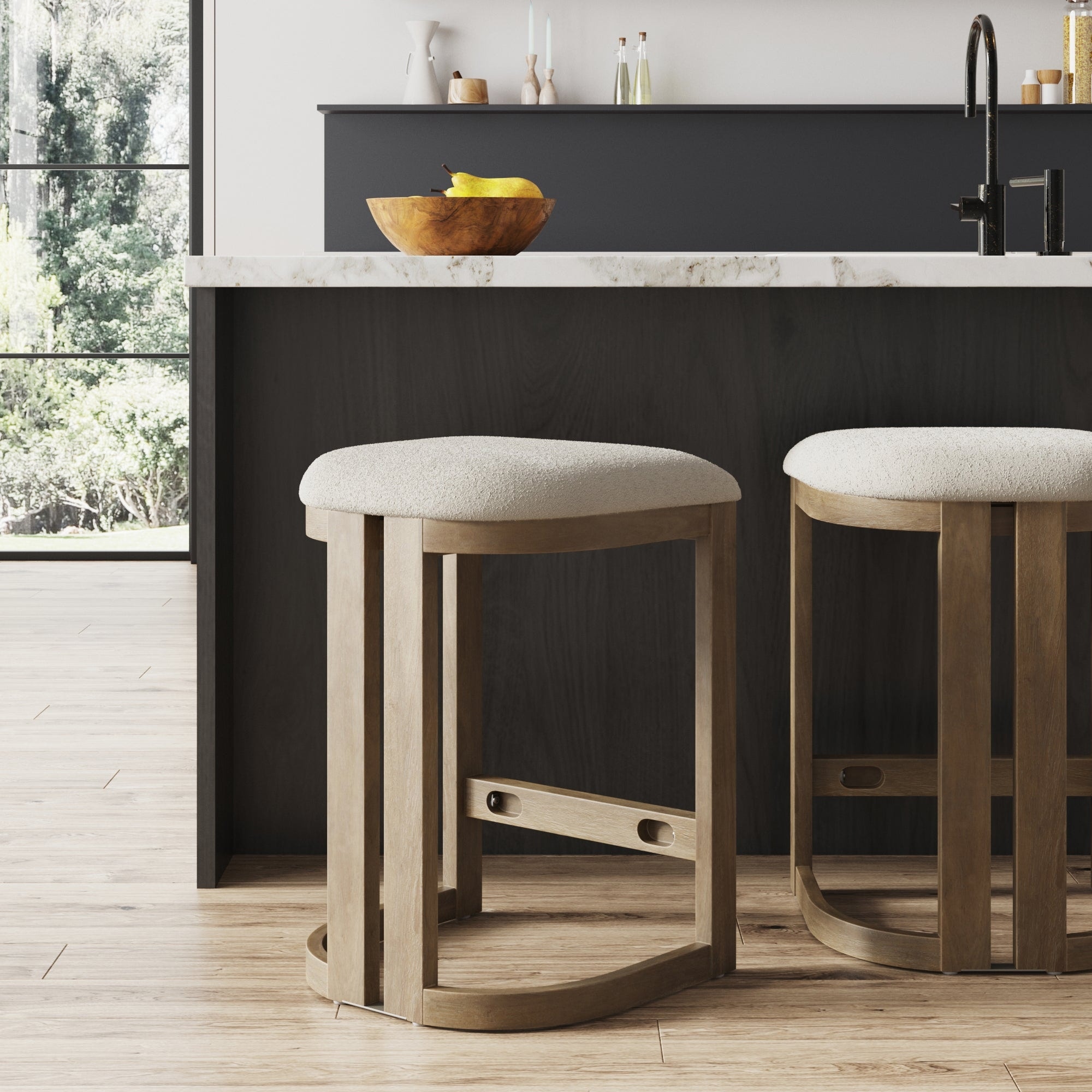 Veya Modern Barrel Bar Stool with Solid Wood Legs and Boucle Upholstery