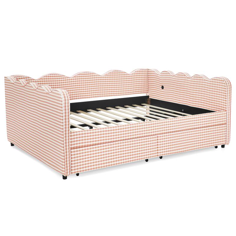 Full/Queen Gingham Daybed with 2 Storage Drawers, USB Port & Wave Shaped Linen Fabric