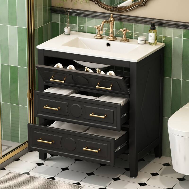 30" Bathroom Vanity with Ceramic Sink Combo and 3 Drawers