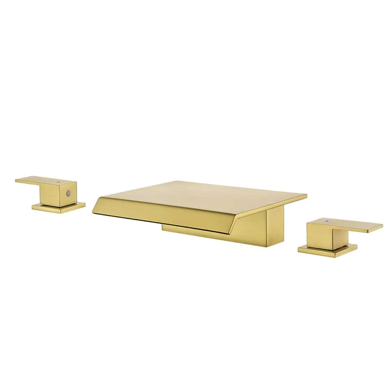 Deck Mount Waterfall Tub Faucet Brass 3 Holes Bathtub Faucet Modern Double Handle Tub Filler - Brushed Gold
