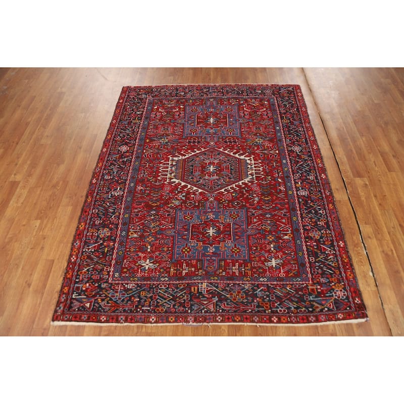 Tribal Geometric Gharajeh Persian Rug Red Hand-Knotted Wool Carpet - 5'0"x 6'3"
