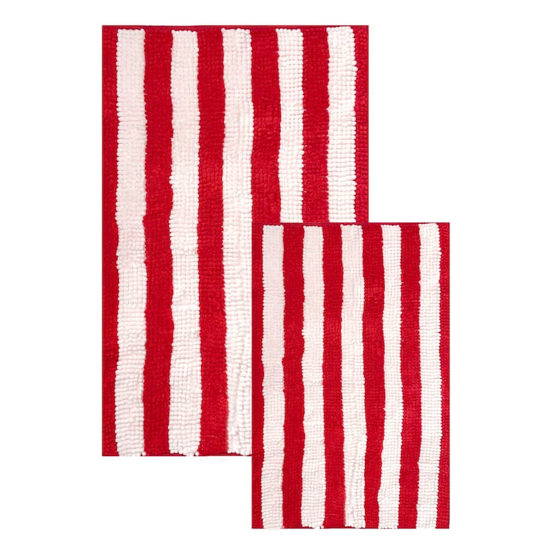 Large 2 Piece Set Red White Stripe Soft Cozy Plush Chenille Bath Mat Bathroom Rug