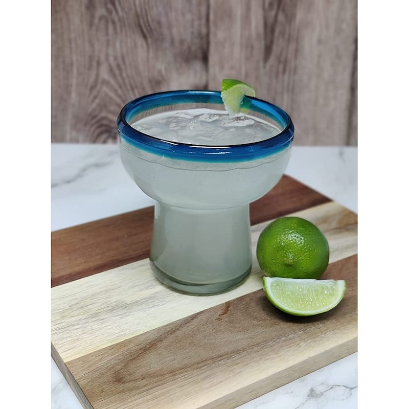 Dos Sueños Mexican Hand Blown Glass – Set of 4 Hand Blown Stemless Aqua Rim Margarita Glasses (14oz)