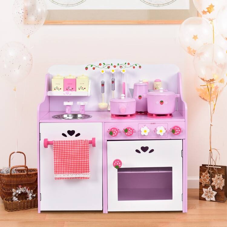 Kids Wooden Kitchen Toy Strawberry Pretend Cooking Playset - 23.6" x 11.6" x 24.4" (L x W x H)