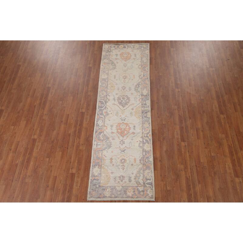 Hand Knotted Oriental 100% Wool Carpet Transitional All-Over Beige & Ivories Oushak Runner Rug - 9' 8'' X 2' 11''