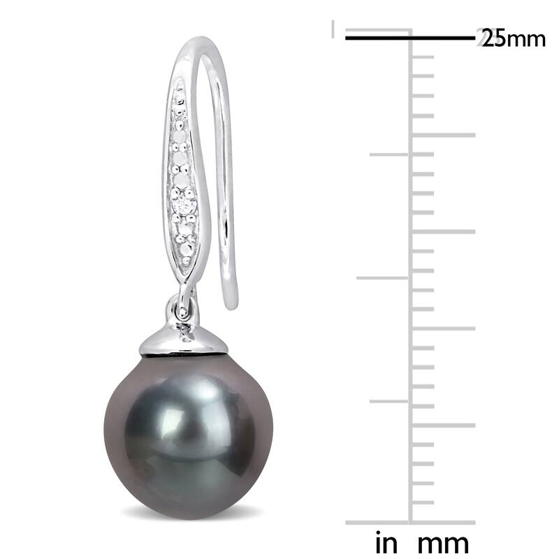 Miadora 8-9mm Black Tahitian Cultured Pearl and Diamond Accent Shepherd Hook Earrings in Sterling Silver