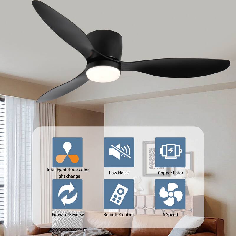 52" Smart Flush Mount Ceiling Fans with Lights Remote,Quiet DC Motor, Low Profile white Ceiling Fan,Control with WIFI Alexa App