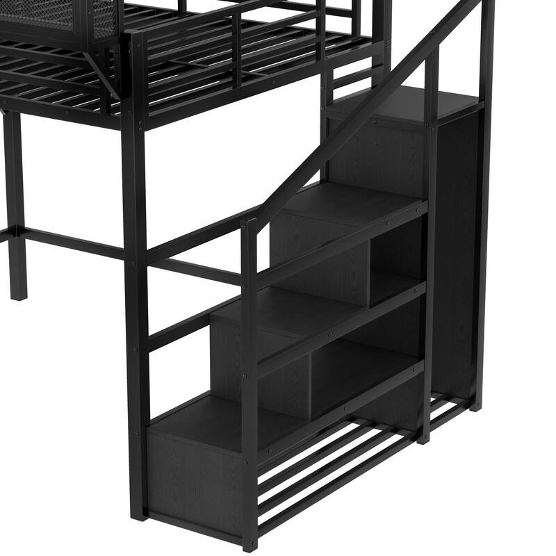 Queen Size Loft Bed with Storage Staircase & Open Wardrobe, Metal Kids Teens Bed Frame with Charging Station & LED Light