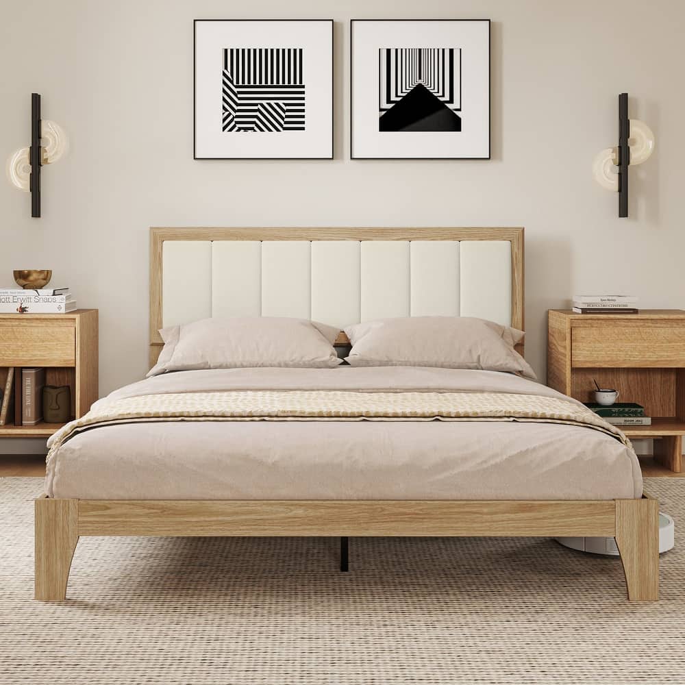 HOMCOM Queen Size Bed Frame with Upholstered Headboard, Platform Bed Frame with Wooden Slats, No Box Spring Needed