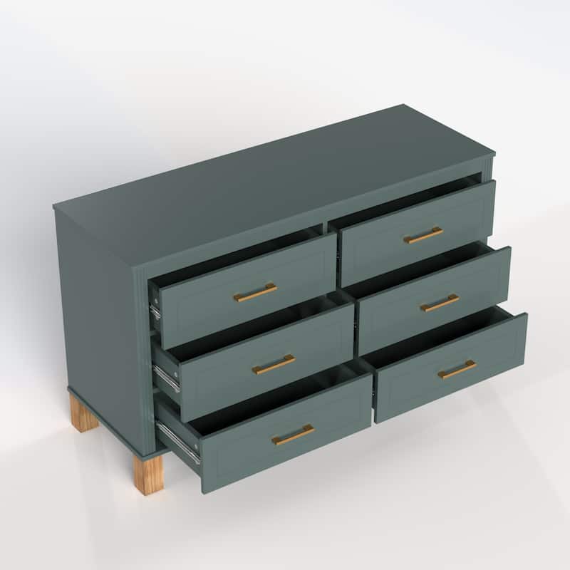 6-Drawer Double Dresser with Metal Handles & Solid Wood Legs, Kids Bedroom Storage Organizer
