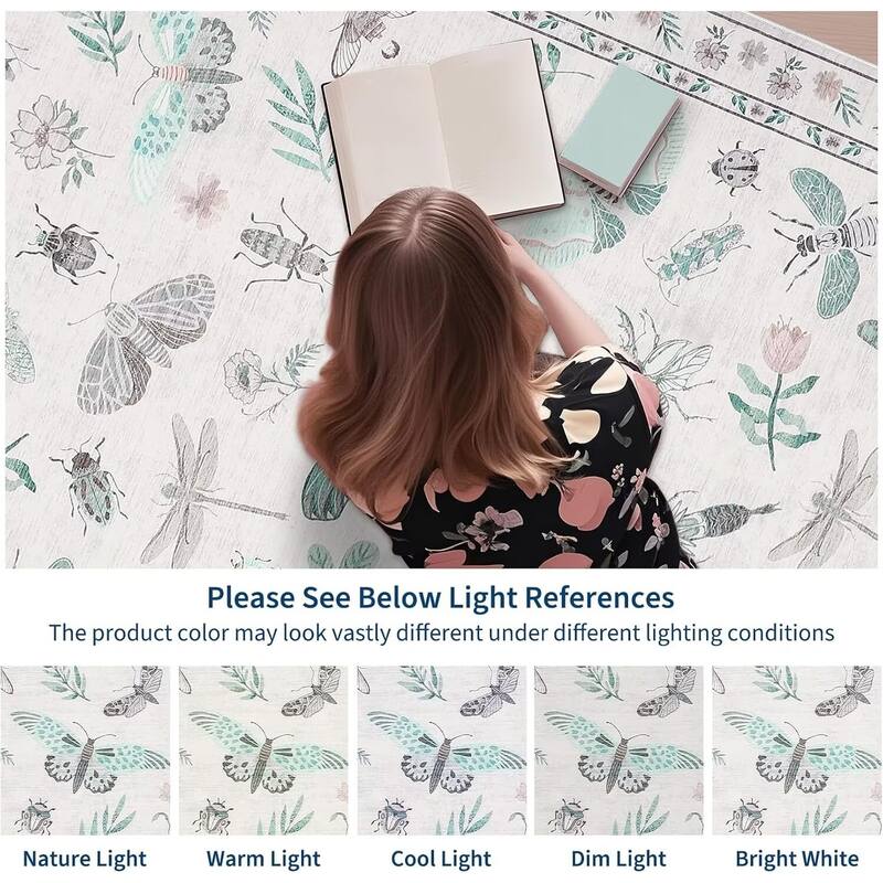 Floral Insect Print Washable Area Rugs for Living Room, Modern Non Slip Low Pile Area Rug