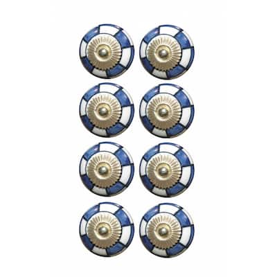 Blue and White Ceramic Geometric Drawer Knobs Set of 8 with Screws - 1.5” x 1.5” x 1.5” (D x W x H)
