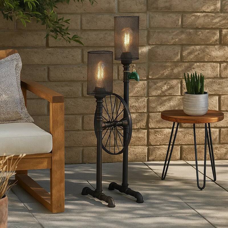 34 Inch Table Lamp, Drum Mesh Shade, Metal Base, Rustic Bronze Finish