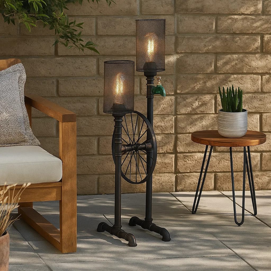 34 Inch Table Lamp, Drum Mesh Shade, Metal Base, Rustic Bronze Finish