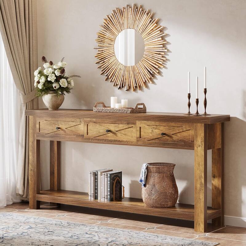 71-Inch Console Table with 3 Drawers, Extra Long Entryway Table for Hallway, Living Room - Brown