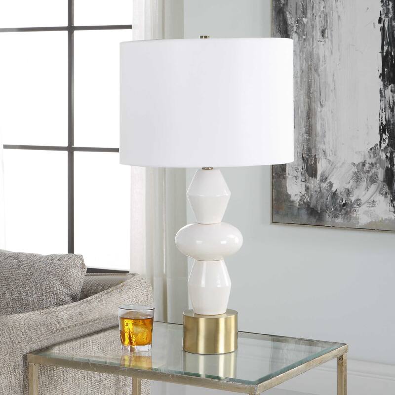Glossy Ceramic Table Lamp with Drum Shade - 29" - White and Brass Tone
