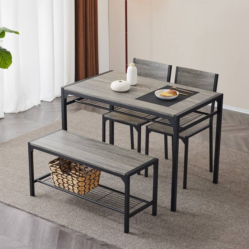 Mid-Century Modern 4 Piece Dining Set,Rectangular Table, Bench, 2 Chairs, Steel Frame - Grey