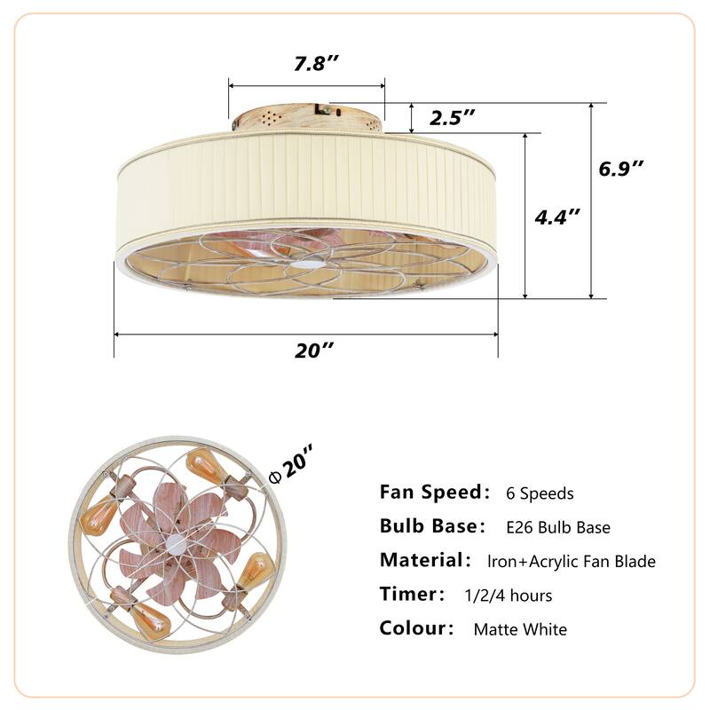 20" Caged Ceiling Fans Flush Mount,Low Profile Fabric Farmhouse Ceiling Fan with Remote Control - N/A