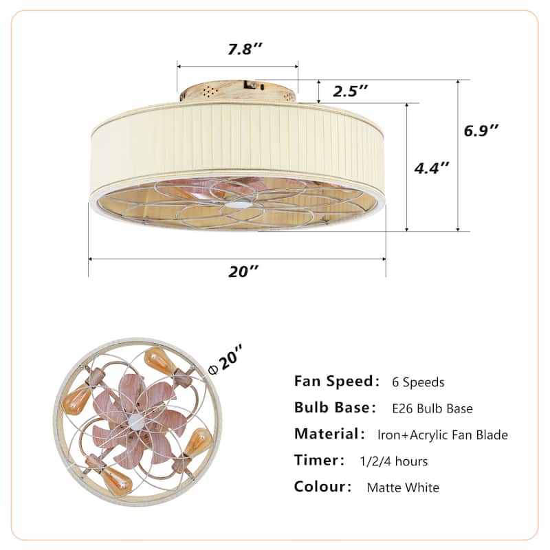 20" Farmhouse Fabric Matte White Bladeless Flush Mount Ceiling Fan With Light and Remote